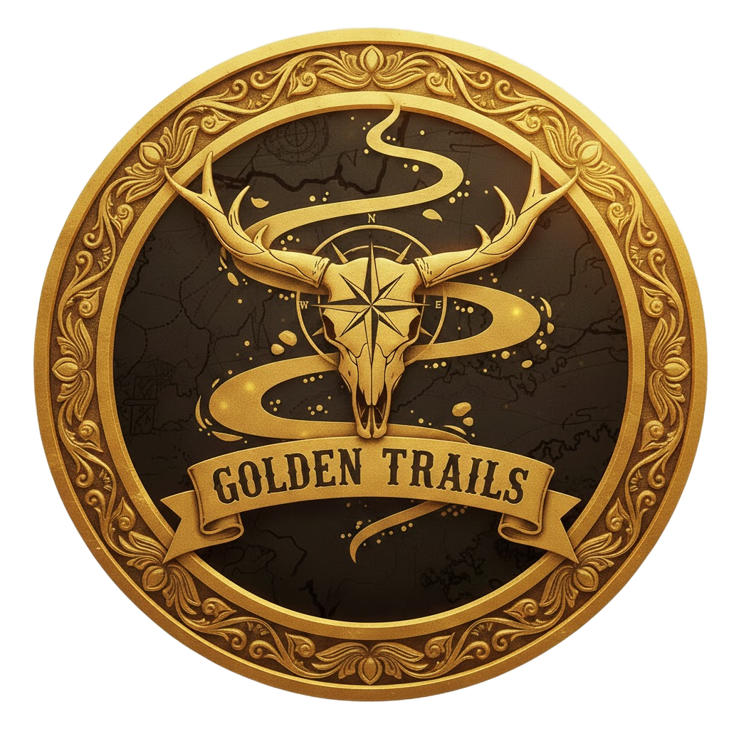Golden Trails logo - a golden medallion featuring a deer skull with antlers and compass rose