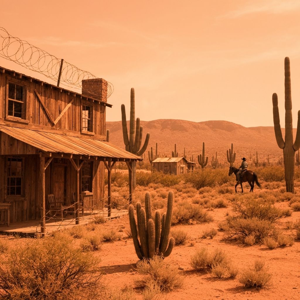A dusty frontier town at dusk with warm golden lighting